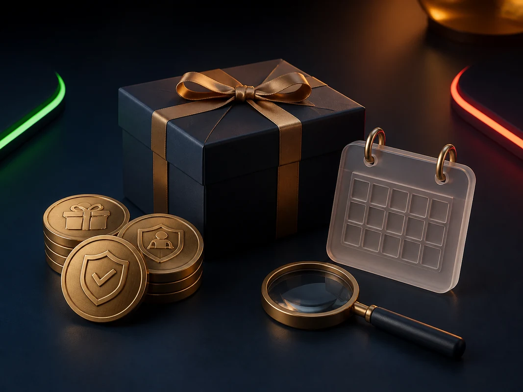 Bonus casino rappresentato con regalo calendario e lente di controllo